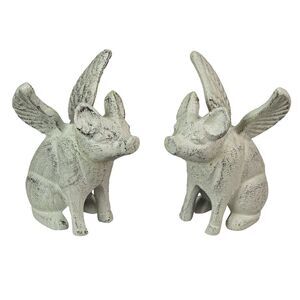 Set of 2 Distressed White Cast Iron Flying Pig Bookends 5.25 Inches High